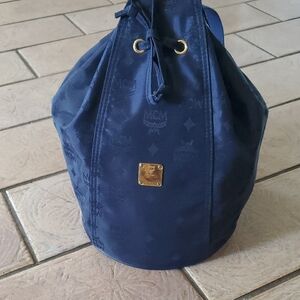 MCM Navy Nylon Drawstring Bucket Bag